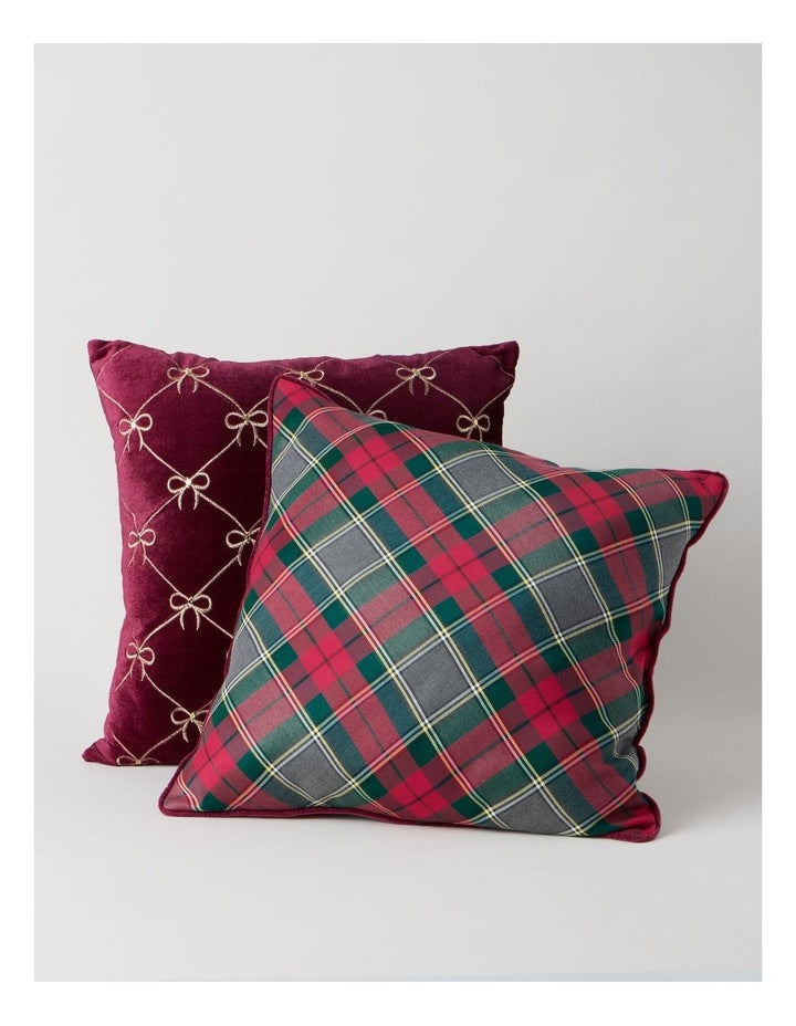 Heirloom Tartan Cushion with Velvet Trim in Red and Green: 45cm