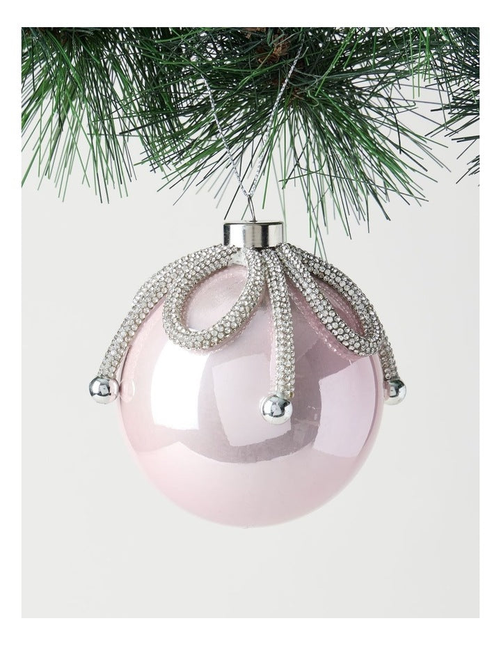 Luxe Christmas Plastic Bauble with Gemmed Ribbon Ornament in Silver: 11cm