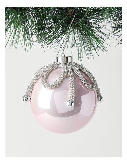Luxe Christmas Plastic Bauble with Gemmed Ribbon Ornament in Silver: 11cm