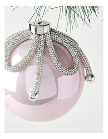 Luxe Christmas Plastic Bauble with Gemmed Ribbon Ornament in Silver: 11cm