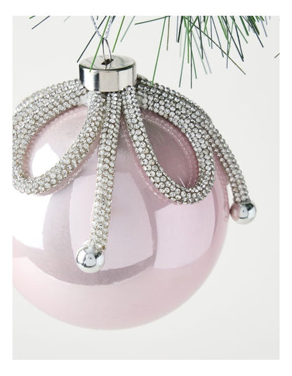 Luxe Christmas Plastic Bauble with Gemmed Ribbon Ornament in Silver: 11cm