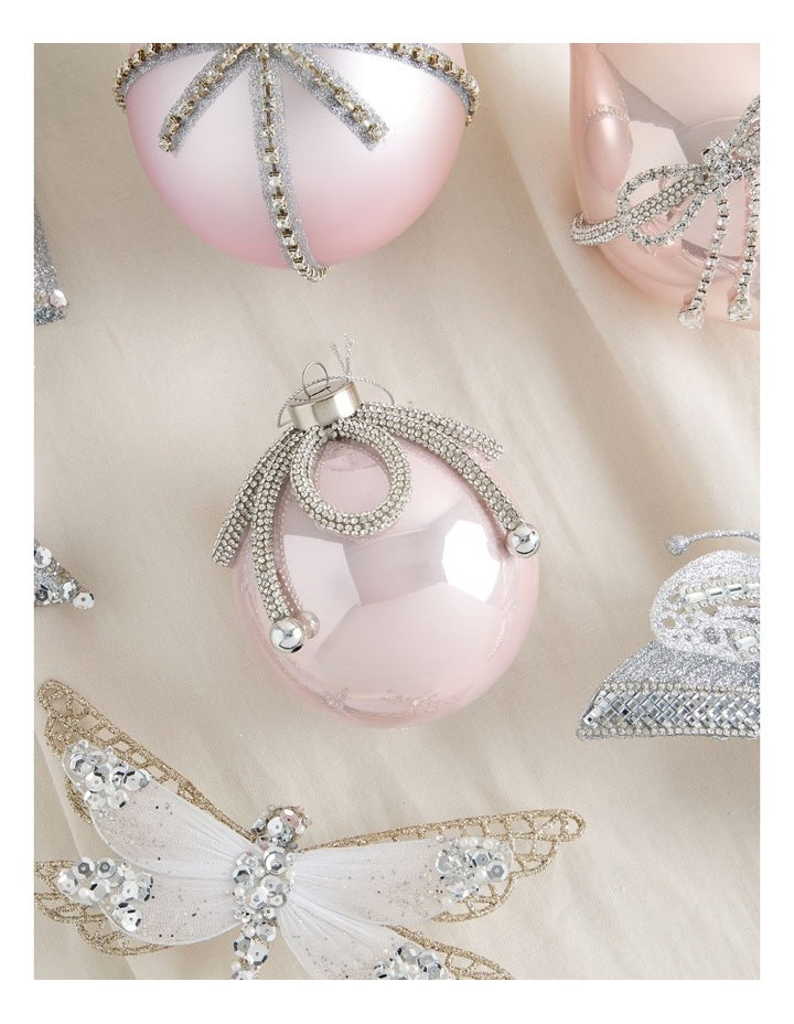 Luxe Christmas Plastic Bauble with Gemmed Ribbon Ornament in Silver: 11cm