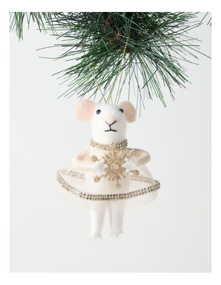Luxe Christmas Felt Mouse Ornament with Tulle Skirt in White: 10.2cm