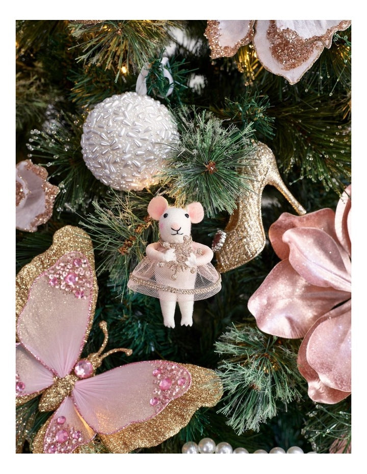 Luxe Christmas Felt Mouse Ornament with Tulle Skirt in White: 10.2cm