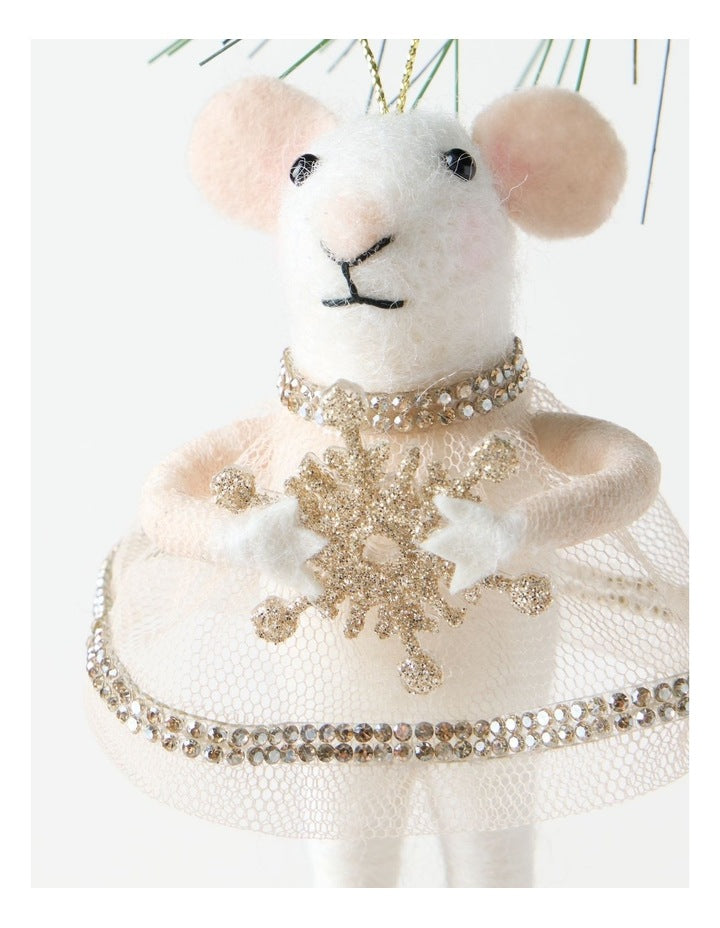 Luxe Christmas Felt Mouse Ornament with Tulle Skirt in White: 10.2cm