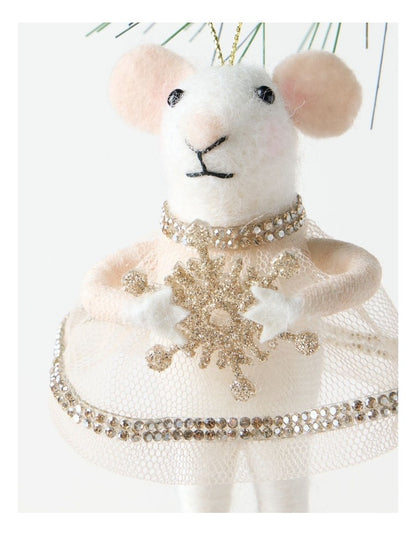Luxe Christmas Felt Mouse Ornament with Tulle Skirt in White: 10.2cm