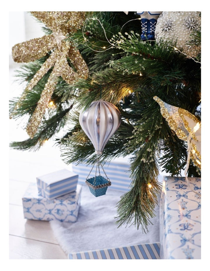 Luxe Christmas Glass Hot Air Balloon Ornament in Blue: 17cm