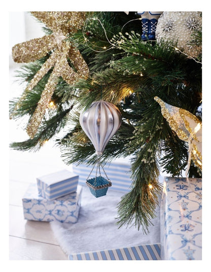 Luxe Christmas Glass Hot Air Balloon Ornament in Blue: 17cm