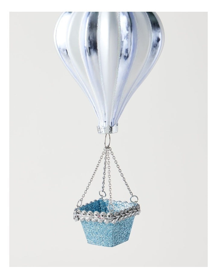 Luxe Christmas Glass Hot Air Balloon Ornament in Blue: 17cm