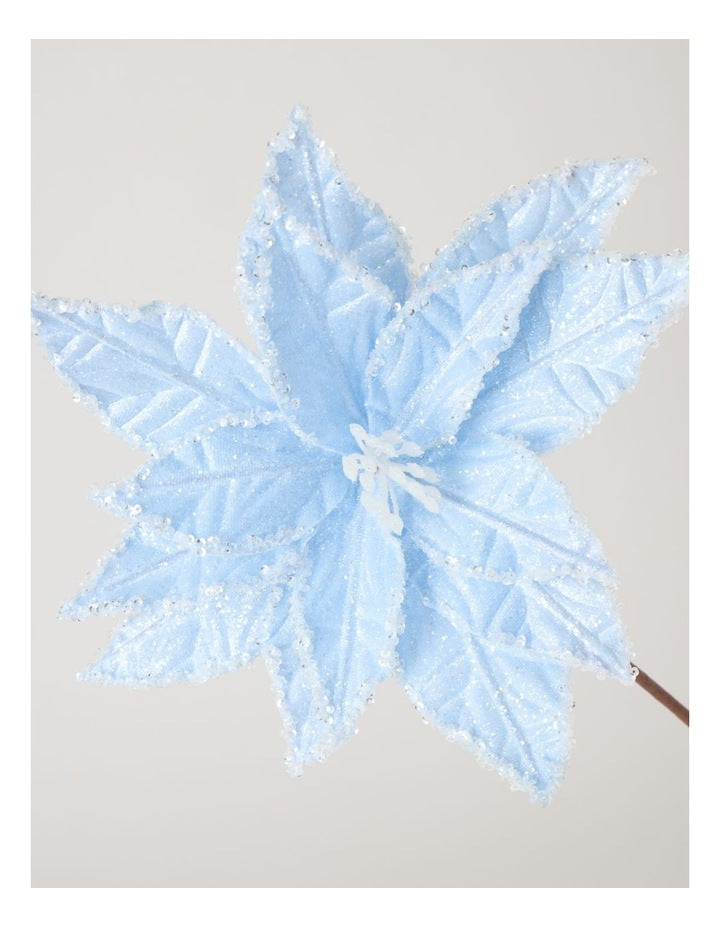 Luxe Fabric Poinsettia Pick in Blue: 58cm