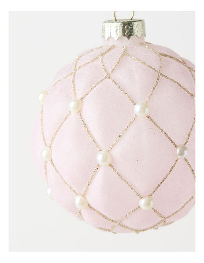 Luxe Christmas Glass Bauble with Pearls in Pink: 8cm