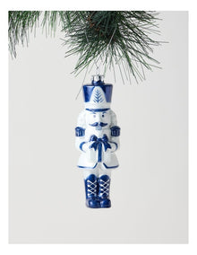 Luxe Christmas Glass Nutcracker Ornament in Blue/White: 14cm