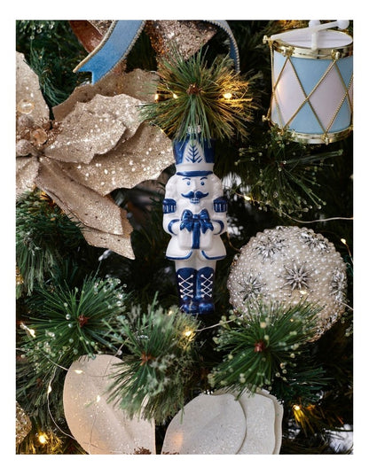 Luxe Christmas Glass Nutcracker Ornament in Blue/White: 14cm