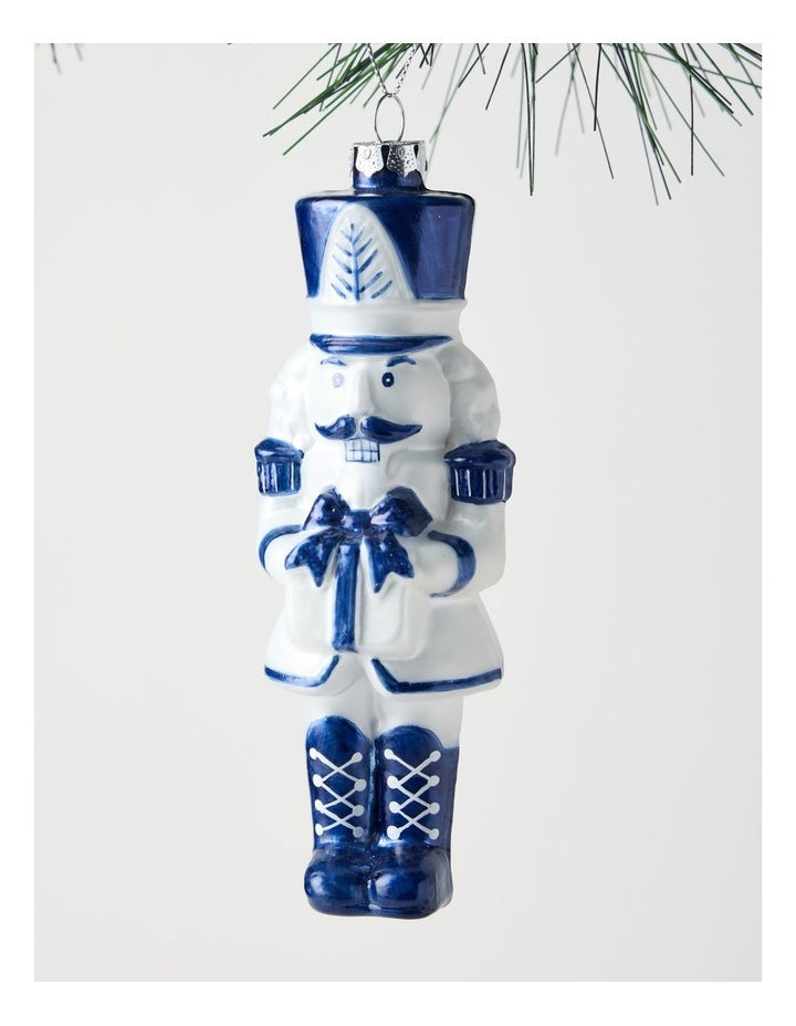 Luxe Christmas Glass Nutcracker Ornament in Blue/White: 14cm