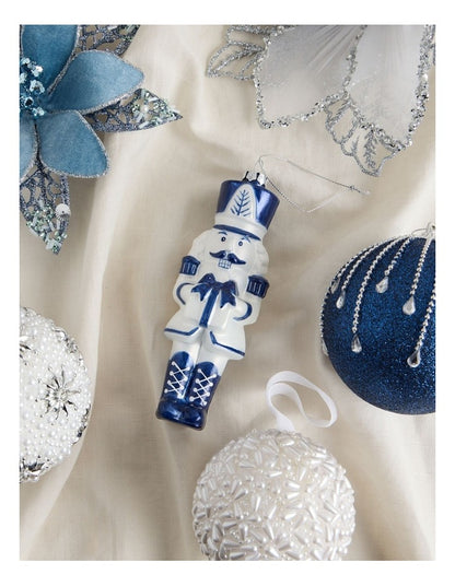 Luxe Christmas Glass Nutcracker Ornament in Blue/White: 14cm