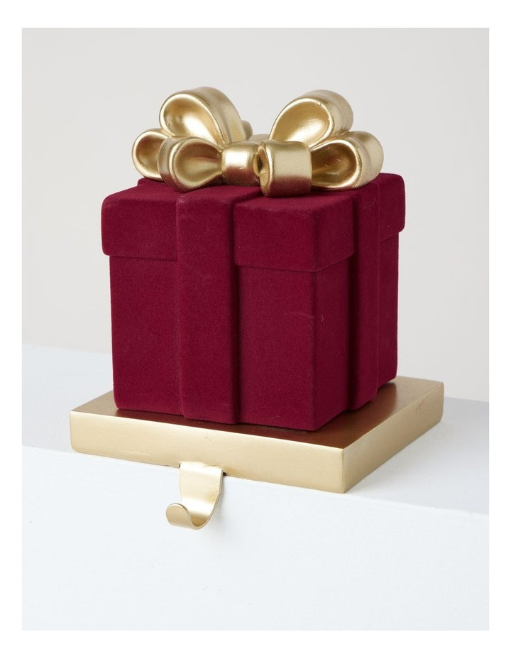Heirloom Resin Present Stocking Holder with Bow in Red and Gold: 15cm