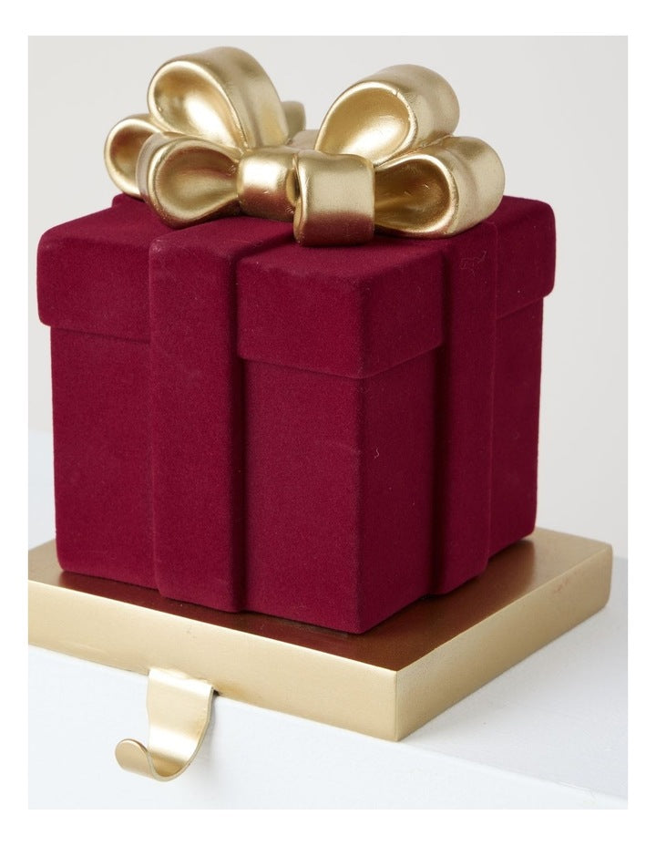 Heirloom Resin Present Stocking Holder with Bow in Red and Gold: 15cm