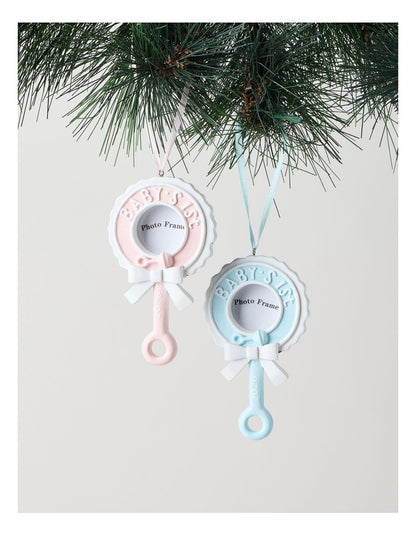Nostalgia Christmas Assorted Polyresin Baby's First Rattle Frame Ornament in Pink and Blue: 9cm