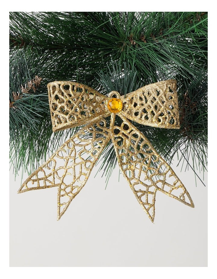 Harvest Christmas Plastic Glittered Bow Clip with Gem in Gold: 14cm