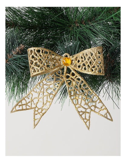 Harvest Christmas Plastic Glittered Bow Clip with Gem in Gold: 14cm