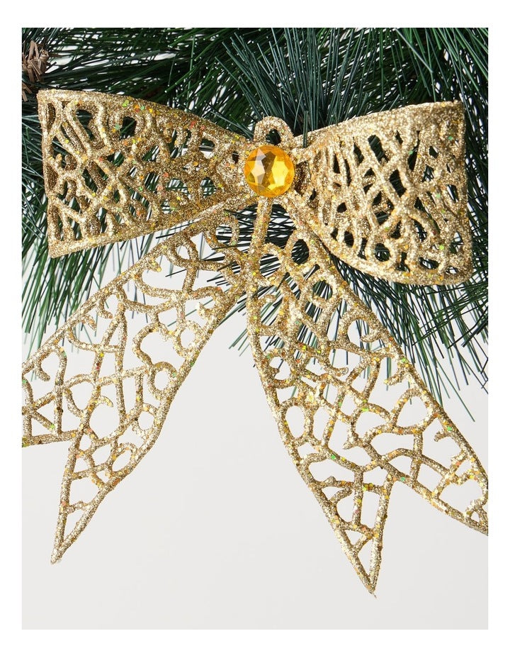 Harvest Christmas Plastic Glittered Bow Clip with Gem in Gold: 14cm