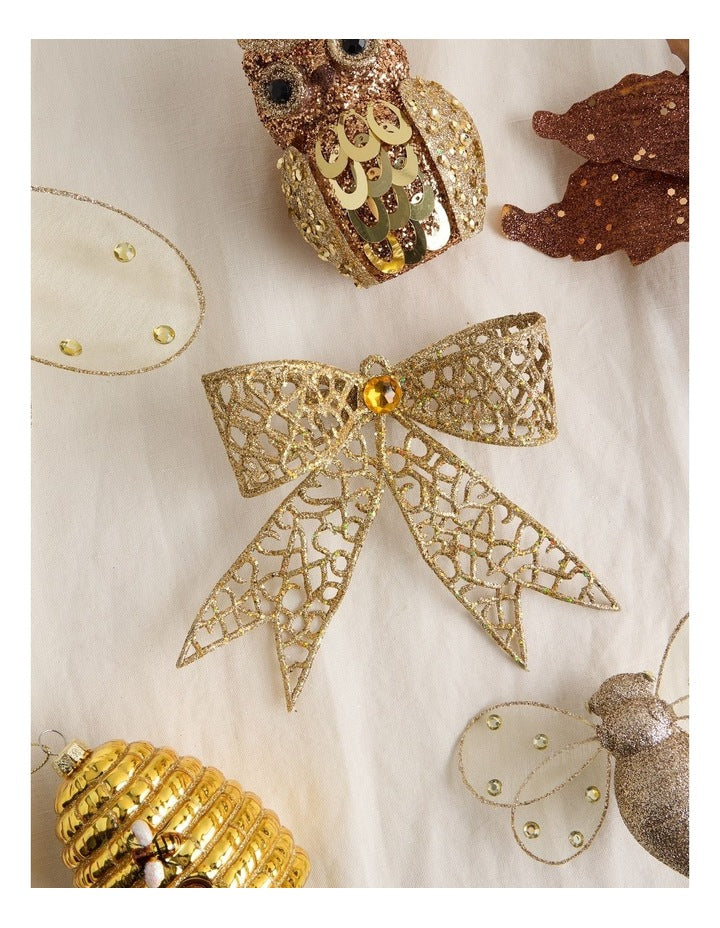 Harvest Christmas Plastic Glittered Bow Clip with Gem in Gold: 14cm