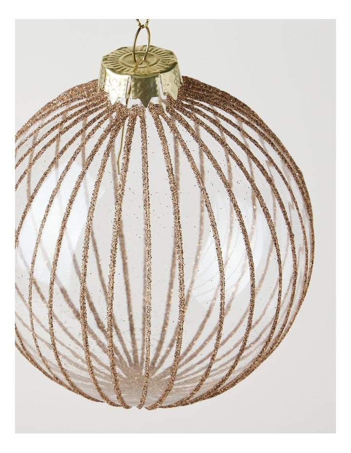 Harvest Christmas Glass Glitter Bauble in Clear and Gold: 10cm