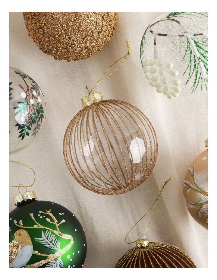 Harvest Christmas Glass Glitter Bauble in Clear and Gold: 10cm