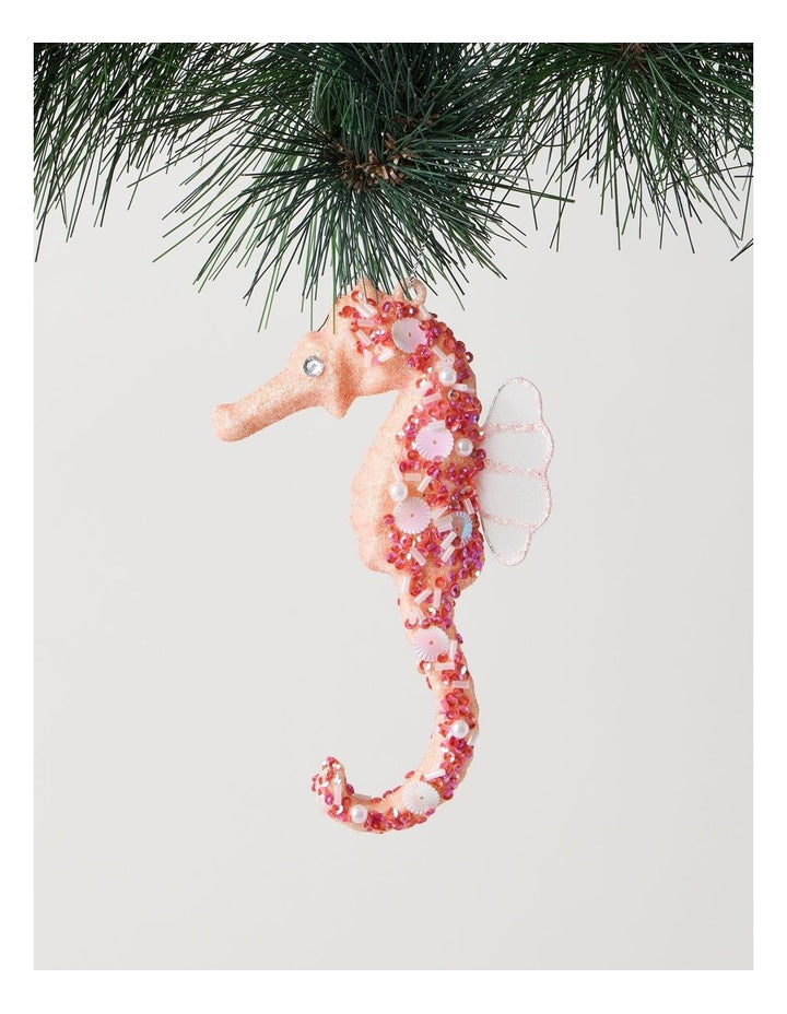 Eucalyptus Plastic Glittered Seahorse Ornament in Pink: 15cm