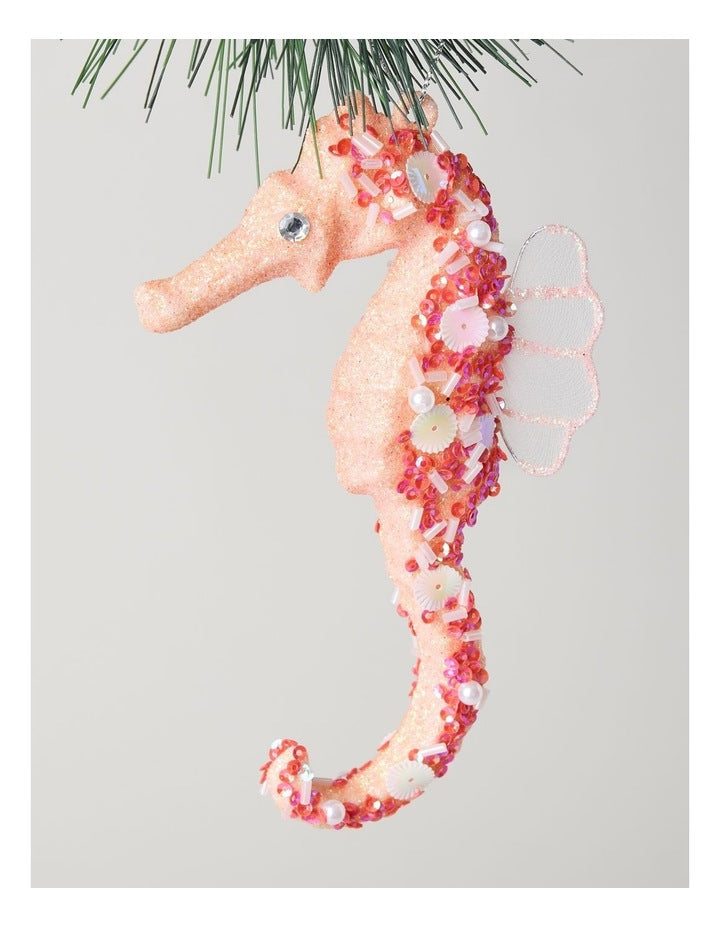 Eucalyptus Plastic Glittered Seahorse Ornament in Pink: 15cm