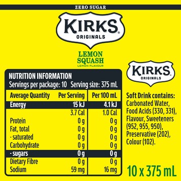 Kirks Sugar Free Lemon Squash Soft Drink Multipack Cans 375mL x 10 pack