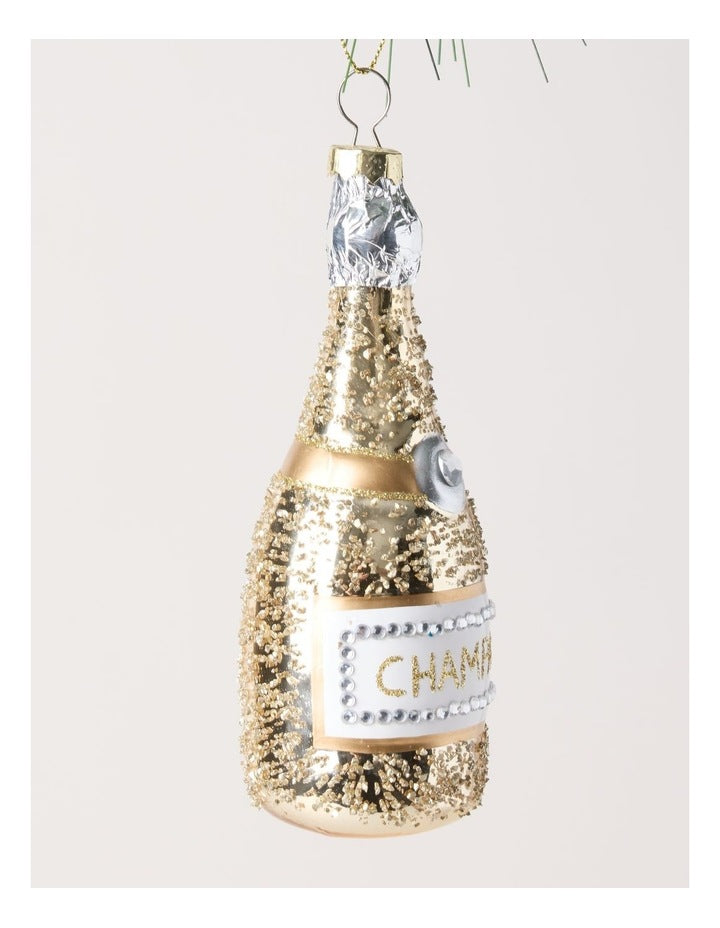 Luxe Christmas Glass Champagne Bottle Ornament in Gold: 13cm