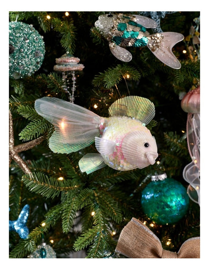 Eucalyptus Oversized Sequin Fish Ornament in White: 16cm