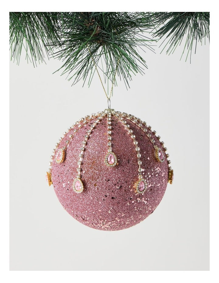 Luxe Christmas Plastic Oversized Glitter & Gems Bauble in Pink: 12cm