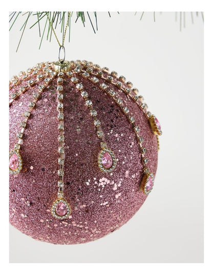 Luxe Christmas Plastic Oversized Glitter & Gems Bauble in Pink: 12cm