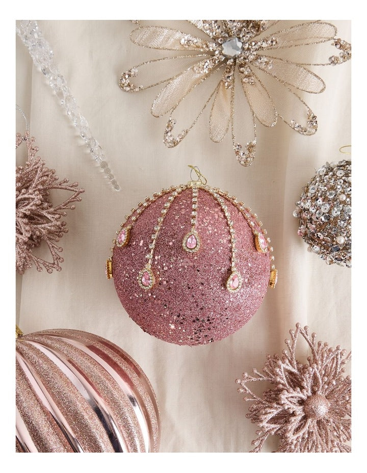 Luxe Christmas Plastic Oversized Glitter & Gems Bauble in Pink: 12cm