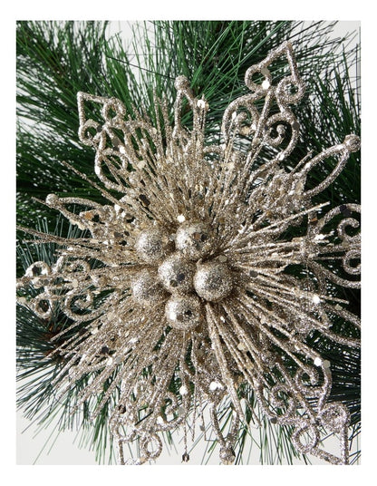 Luxe Christmas Plastic Glitter Flower Clip in Champagne: 19cm