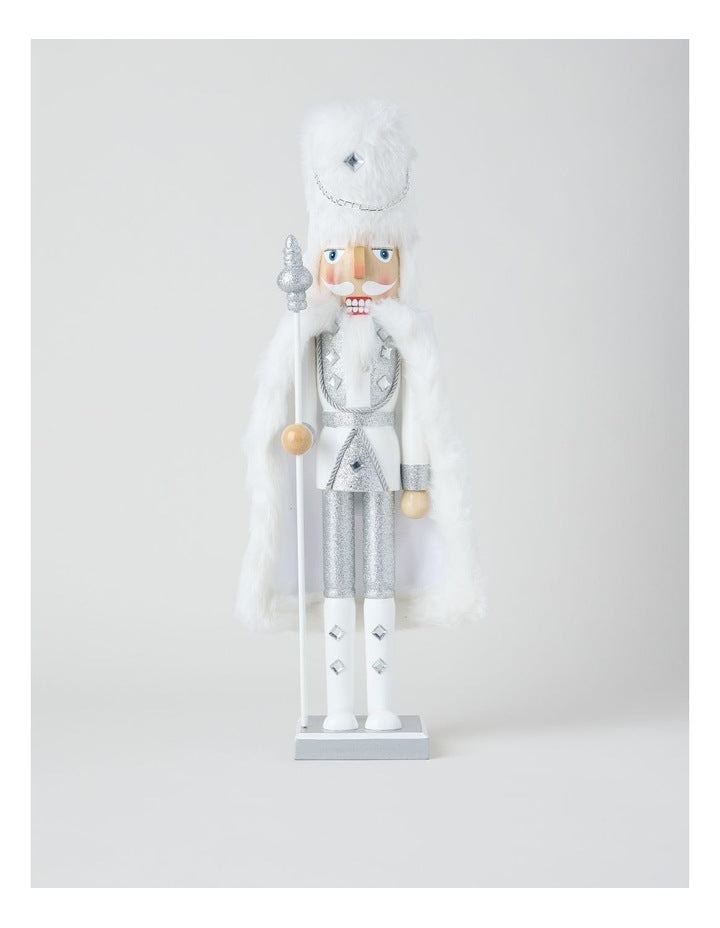 Wooden Oversized Glittered Nutcracker in White: 50cm