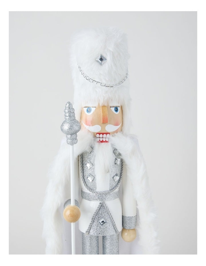 Wooden Oversized Glittered Nutcracker in White: 50cm