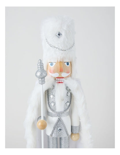 Wooden Oversized Glittered Nutcracker in White: 50cm