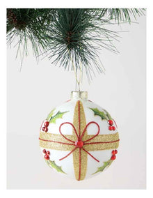 Heirloom Glass Holly Leaf & Bow Bauble 10cm in Multi