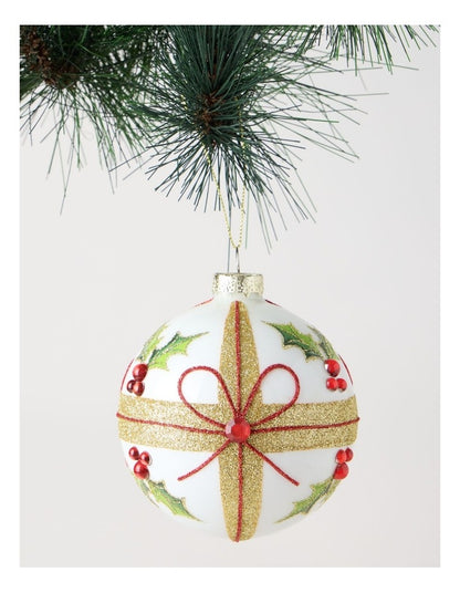 Heirloom Glass Holly Leaf & Bow Bauble 10cm in Multi