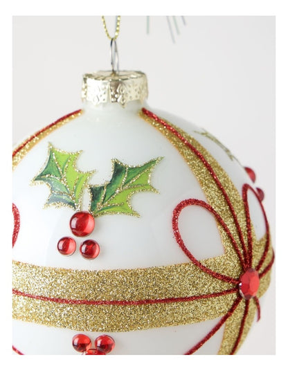 Heirloom Glass Holly Leaf & Bow Bauble 10cm in Multi