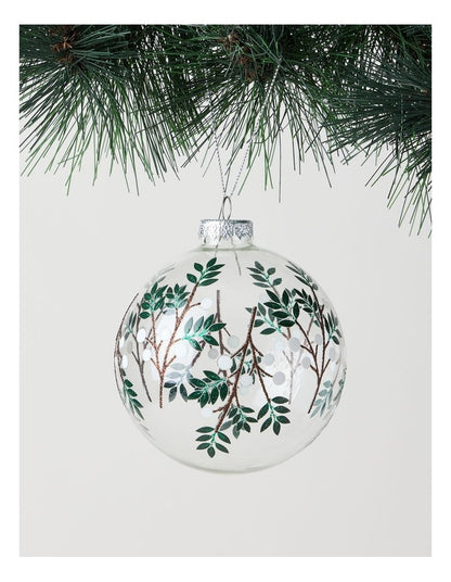 Harvest Christmas Glass Decal Wrapped Bauble in White and Green: 10cm