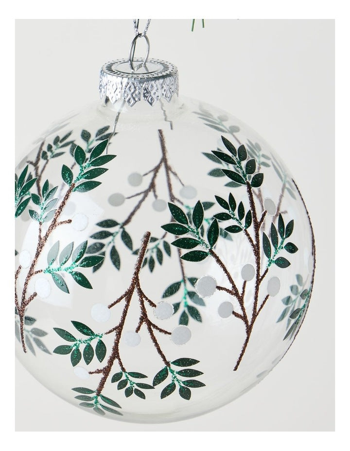 Harvest Christmas Glass Decal Wrapped Bauble in White and Green: 10cm