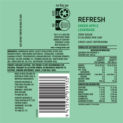 V Energy Refresh Green Apple Lemonade Cans 250ml x 4 Pack