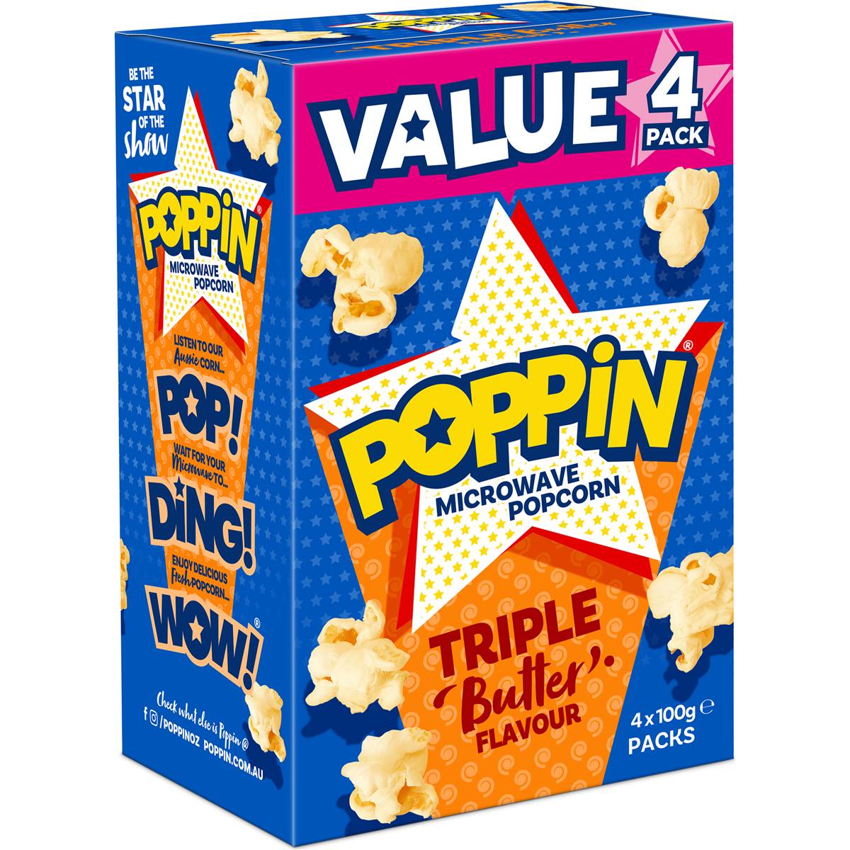 Poppin Microwave Popcorn Triple Butter Flavour Explosion 100g x4 Pack