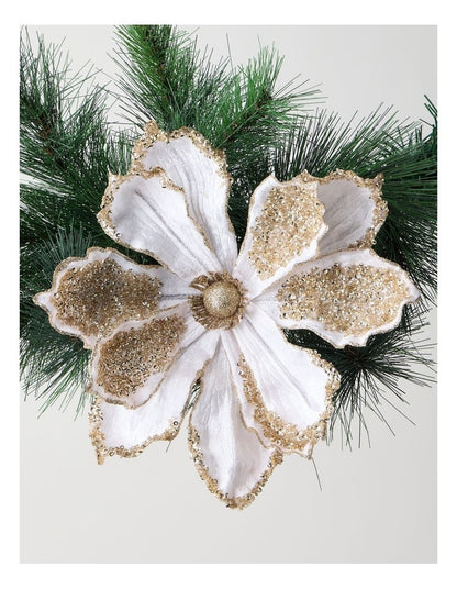 Luxe Christmas Velvet Magnolia Clip with Beads in Pink: 22cm