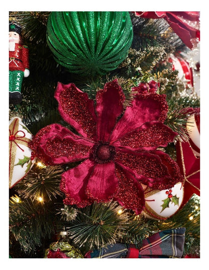 Luxe Christmas Velvet Magnolia Clip with Beads in Pink: 22cm