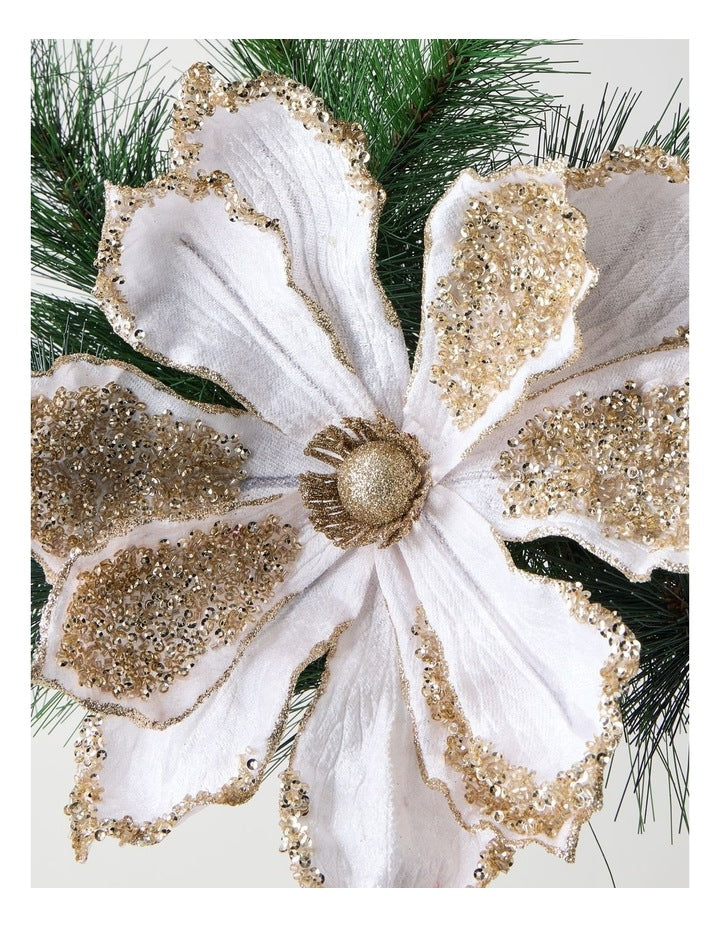 Luxe Christmas Velvet Magnolia Clip with Beads in Pink: 22cm